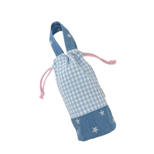 Blue plaid and star pattern drawstring water bottle carrier bag with a pink cord