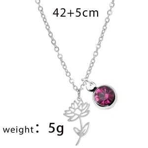 Silver necklace with purple gemstone and hollow flower pendant, 42+5cm length