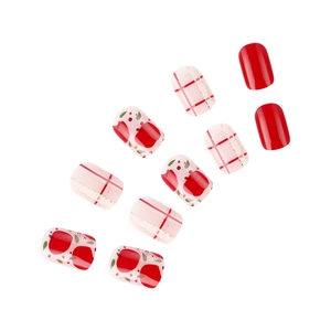 Short square glossy red press-on nails with glitter plaid and cherry festive designs