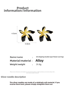 Detail view of double-layer flower earrings with contrast enamel finish and silver pins