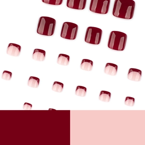 Minimalist wine red and French tip square press-on toenails set with glossy finish