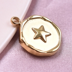 Elegant 304 stainless steel gold round pendant with 3D star on soft pink silk background
