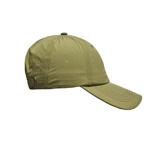 Detail view of breathable laser-cut holes and lightweight fabric on the baseball cap