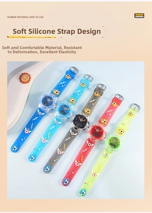 Close-up of five colorful kids' digital watches with soft silicone football pattern straps