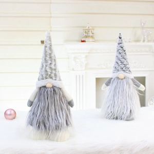 Pair of gray and white knitted Christmas gnomes with long plush beards for home decor
