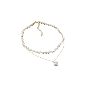 Elegant double-layered gold necklace with grey faux pearls and large round pendant