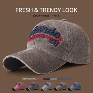 Washed Cotton Baseball Cap Vintage Distressed Letter Embroidery Adjustable Metal Buckle Sun Protection Hat For Men Women
