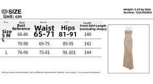 Size chart for women's sparkly backless slip maxi dress showing S, M, and L measurements