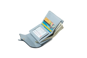 Detailed interior of light blue tri-fold wallet showing card slots and ID window