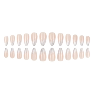 Set di 24 unghie finte a mandorla color rosa nude con sfumatura di glitter argento