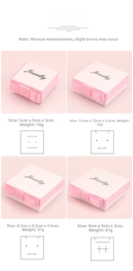 Pink bow jewelry box dimensions and internal padding layouts for rings and necklaces