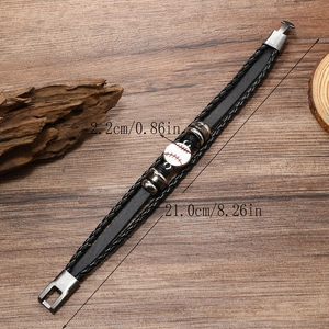 Detail view of multilayer braided leather baseball bracelet showing 21cm length and 2.2cm width