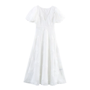 Elegant V-Neck Maxi Dress With 3D Flower Mesh Puff Sleeves High Waist French Style Sweet A-Line For Women