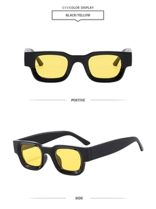 Front and side view of vintage square sunglasses with black frames and yellow lenses