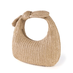 Straw bow handbag with crescent moon design and top zipper for summer vacations