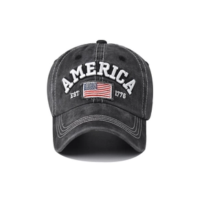 Washed cotton baseball cap with vintage America embroidery and US flag patch