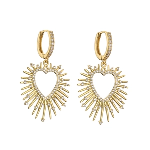 Detailed view of gold-plated spiked heart earrings with micro-paved zircons and shiny studs