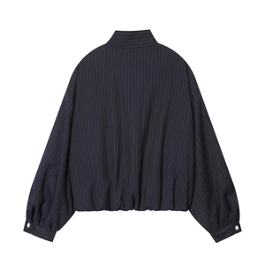 Navy blue pinstripe bomber jacket for women featuring a ribbed hem and stand collar
