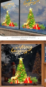 Christmas window decals with green pine tree, golden reindeer, and festive gift boxes