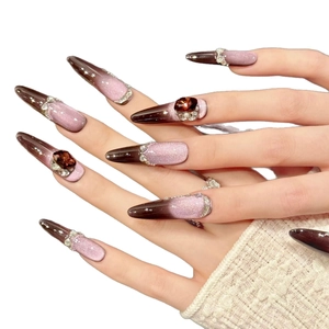 Stiletto plaknagels met paarse cat-eye glitter verloop en luxe 3D edelsteen versieringen