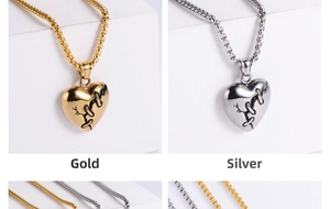 Detail of vintage 3D stitched heart pendants in gold and steel finishes with matching chains