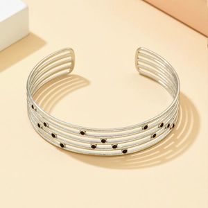 Bracelet large ajustable en acier inoxydable multicouche avec points en émail noir argenté