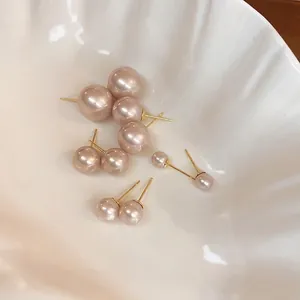 Artificial Pearl Stud Earrings French Retro Faux Pink With Silver Earring Post Minimalist Jewelry For Women