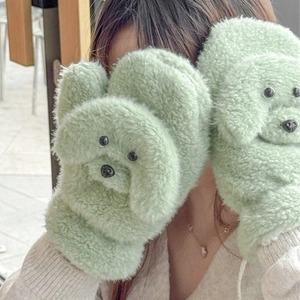 Plüschige mintgrüne Teddyhund-Fäustlinge mit Zeichentrickwelpen-Motiv für den Winter