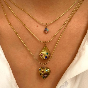 Stainless Steel Gold Plated Pendant Necklace Colorful Zircon Heart Square Shell Charms Retro Clavicle Chain For Women
