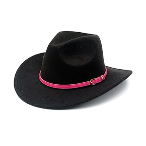Detail of western wool felt hat with striking pink leather band and gold buckle accent