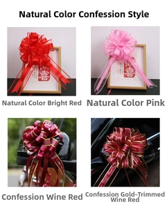Detailed four-grid view of festive ribbons with I Love You More print for wedding cars