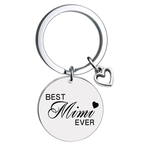 Polished stainless steel keychain with BEST Mimi EVER engraved disc and heart charm
