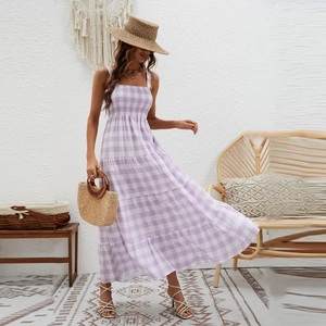 Purple gingham tiered maxi dress with smocked bodice and bohemian vacation style