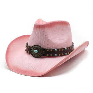 Pink woven western cowboy hat with turquoise stone band and vintage metal flower buckle