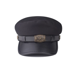 Black military flat top cap with PU leather brim and vintage star emblem badge