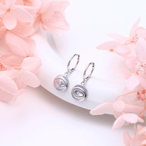Close-up of S925 sterling silver evil eye earrings with white zircon on a white plate