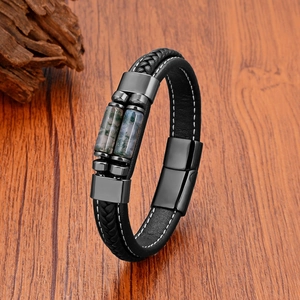 Men's braided black leather bracelet with tiger eye stones and magnetic steel clasp