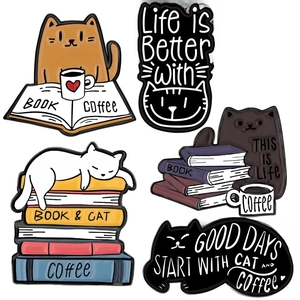5-piece cat and book enamel pin set featuring reading cats and coffee cups design