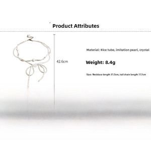 Detail specifications of beaded necklace with bow and heart charms, 31.5cm length and 8.4g weight