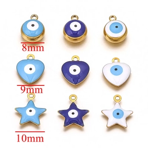 Colorful enamel evil eye charms in round heart and star shapes with gold plated frames