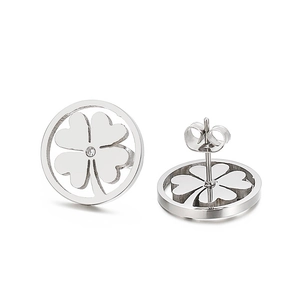 Silver hollow clover stud earrings with sparkling crystals in a circular geometry
