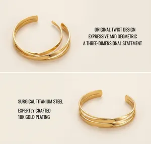 Macro detail of twisted 18k gold plated titanium steel bangle with polished finish