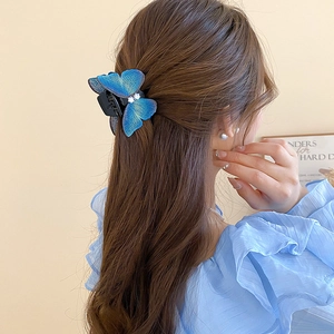 Détail d'une élégante pince à cheveux papillon en dentelle bleue avec strass sur coiffure