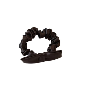 Elegant dark brown satin scrunchie with a stylish flat bow hair accessory for women