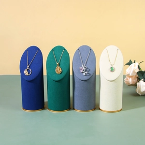 Velvet necklace display stands with gold bases in four colors for jewelry exhibitions