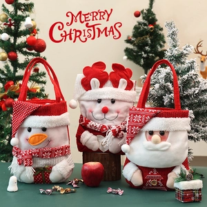 Christmas Gift Bag Knit Fabric Plush Drawstring Candy Pouch Santa Claus Snowman Reindeer Handheld Festive Decoration