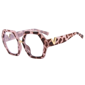 Polished hexagon leopard print eyewear with gold V-detail and large anti-blue frames