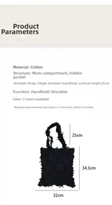 Detailed size chart of black quilted cotton tote bag with 32cm width and 25cm strap drop