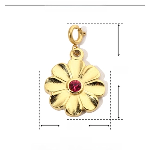 Detailed dimensions of gold flower pendant with purple rhinestone in stainless steel
