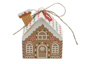 Detail of gingerbread house gift box with chimney, twine handle and number tag